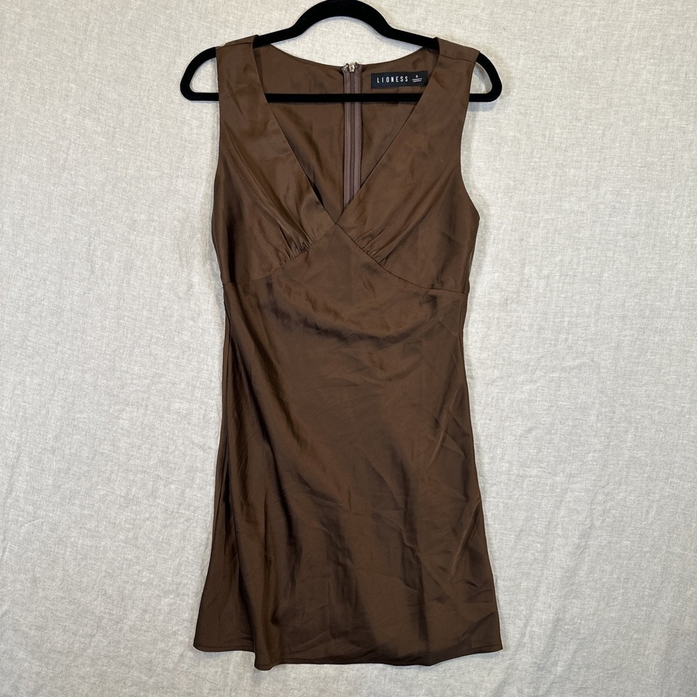 Women Lioness Mini Dress Brown Silk Sleeveless V Neck Small